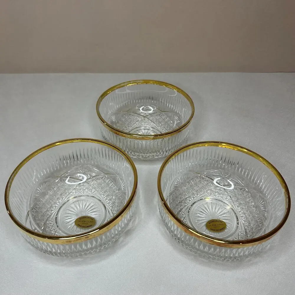 Vintage Italian Blown Crystal Dessert Bowls 24K Gold Trim - Set of 3